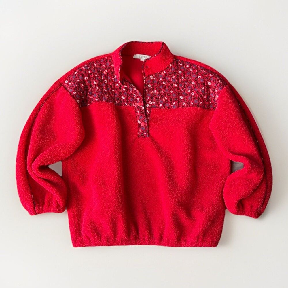 Loft Ann Taylor Red Fleece Pullover Sweatshirt Size L Quilted Cottage